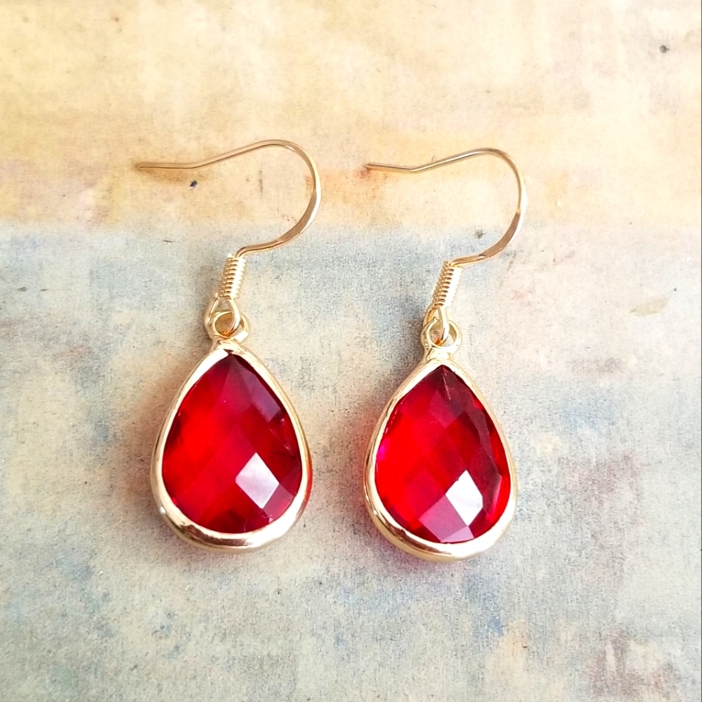 14k Gold Tear Drop Ruby Earrings Women's Dangle Earrings Simulated Ruby Jewelry
